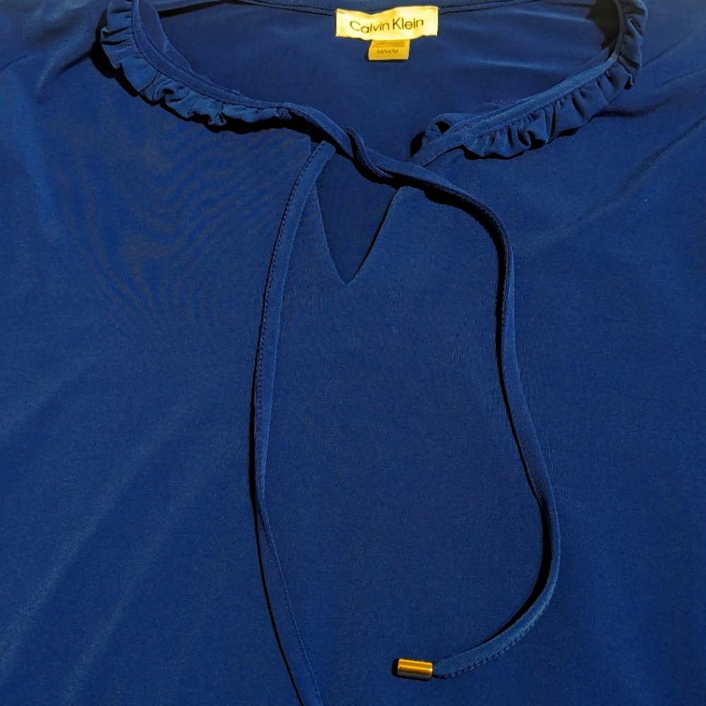 Royal blue Calvin Klein ruffle tie neck top, size M